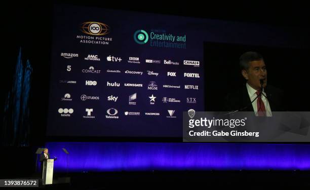 Motion Picture Association Chairman and CEO Charles Rivkin speaks during the “The State of the Industry” and Neon Studio presentation at Caesars...