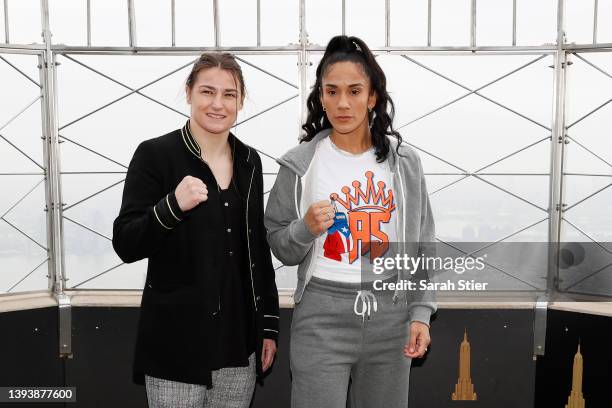 Professional boxers Katie Taylor of Ireland and Amanda Serrano of Puerto Rico pose for a photo at the Empire State Building leading up to their World...