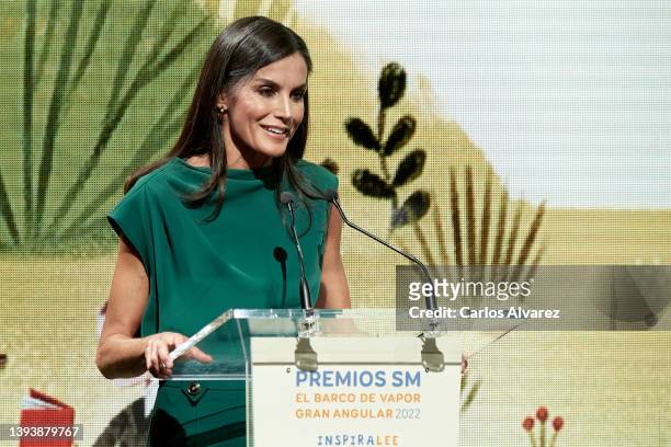 Queen Letizia of Spain attends the 'Gran Angular' and 'El Barco De Vapor' youth literature awards at the Green Patio space on April 26, 2022 in...