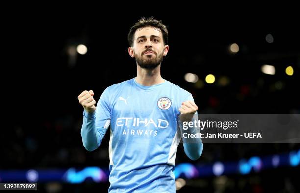 Bernardo Silva of Manchester City celebrates after scoring their side's fourth goal during the UEFA Champions League Semi Final Leg One match between...