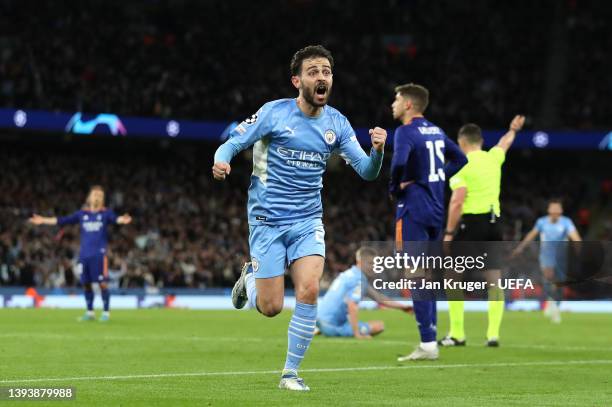 Bernardo Silva of Manchester City celebrates after scoring their side's fourth goal during the UEFA Champions League Semi Final Leg One match between...