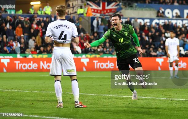 Kieffer Moore of AFC Bournemouth celebrates after scoring their sides third goal during the Sky Bet Championship match between Swansea City and AFC...