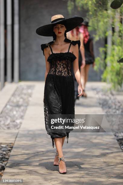 Model walks the runway during the Daniela Villa show as part of the Mercedes-Benz Fashion Week Mexico 2022 - Day 2 at Museo Anahualcalli on April 26,...