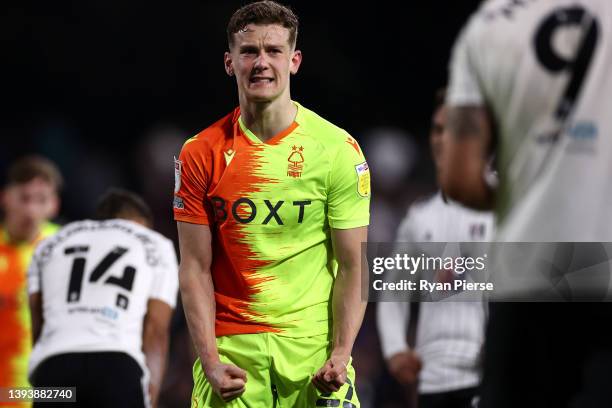 Ryan Yates of Nottingham Forest celebrates their sides victory after during the Sky Bet Championship match between Fulham and Nottingham Forest at...