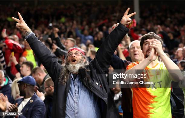 Nottingham Forest fans celebrate their sides win after the Sky Bet Championship match between Fulham and Nottingham Forest at Craven Cottage on April...
