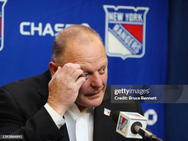 Head coach Gerard Gallant of the New York Rangers speaks with the media prior to the game against the Carolina Hurricanes at Madison Square Garden on...