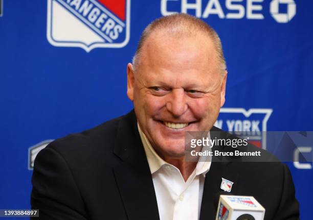 Head coach Gerard Gallant of the New York Rangers speaks with the media prior to the game against the Carolina Hurricanes at Madison Square Garden on...