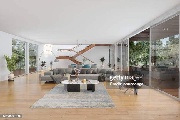 modern house interior with corner sofa, armchair, dining table and staircase - wide stock pictures, royalty-free photos & images