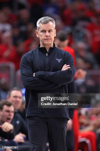 Head coach Billy Donovan of the Chicago Bulls looks over at rival coach Mike Budenholzer of the Milwaukee Bucks during Game Four of the Eastern...