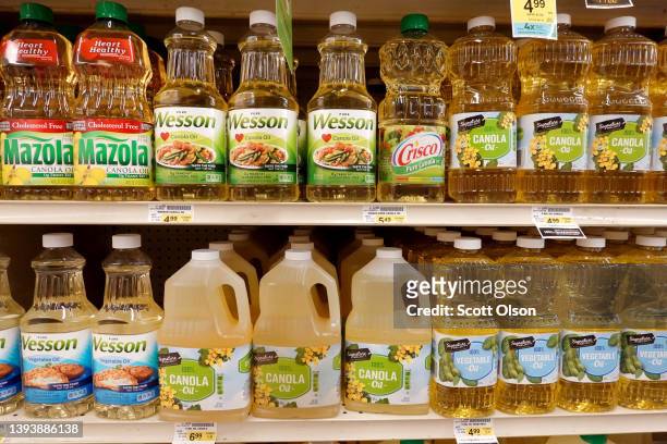Cooking oils made from canola from Canada and soybeans are offered for sale at a grocery store on April 26, 2022 in Chicago, Illinois. The price of...