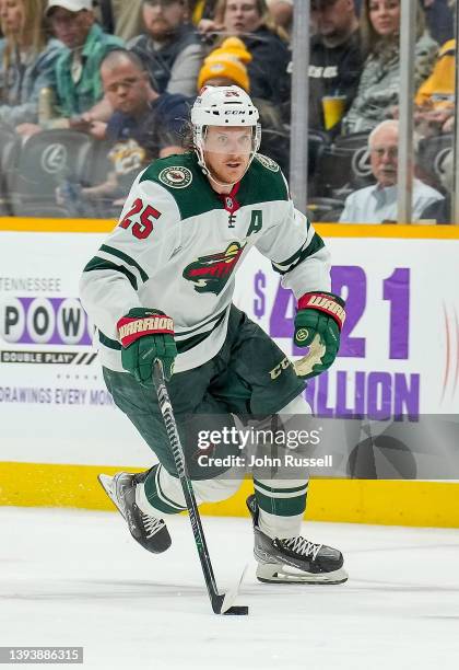 Jonas Brodin of the Minnesota Wild skates against the Nashville Predators during an NHL game at Bridgestone Arena on April 24, 2022 in Nashville,...