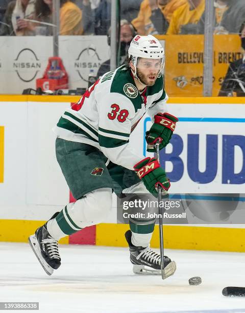 Ryan Hartman of the Minnesota Wild skates against the Nashville Predators during an NHL game at Bridgestone Arena on April 24, 2022 in Nashville,...