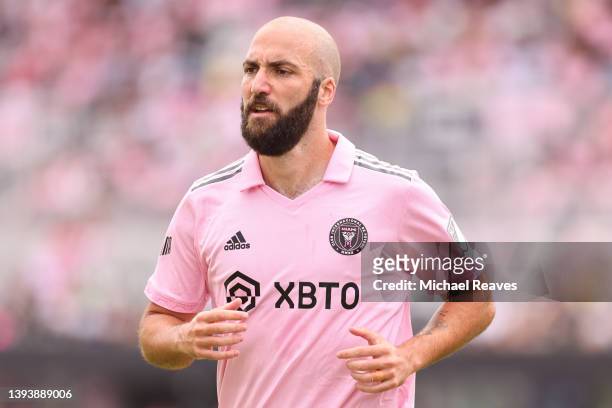 Gonzalo Higuaín of Inter Miami CF looks on against Atlanta United during the second half at DRV PNK Stadium on April 24, 2022 in Fort Lauderdale,...