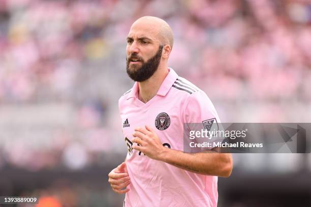 Gonzalo Higuaín of Inter Miami CF looks on against Atlanta United during the second half at DRV PNK Stadium on April 24, 2022 in Fort Lauderdale,...