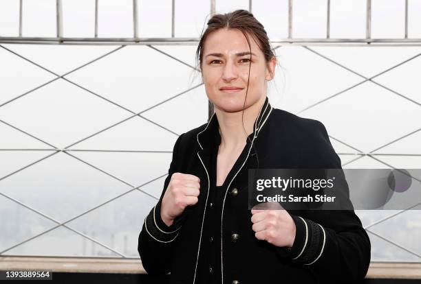 Professional boxer Katie Taylor of Ireland poses for a photo at the Empire State Building leading up to their World Lightweight Title Fight against...