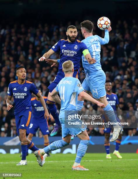 Aymeric Laporte of Manchester City concedes a penalty with a hand ball during the UEFA Champions League Semi Final Leg One match between Manchester...