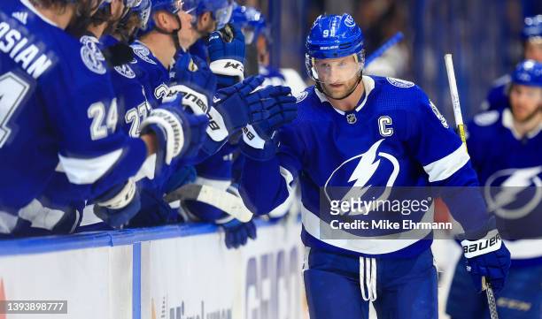 Steven Stamkos of the Tampa Bay Lightning celebrates a goal in the first period during a game against the Columbus Blue Jackets at Amalie Arena on...