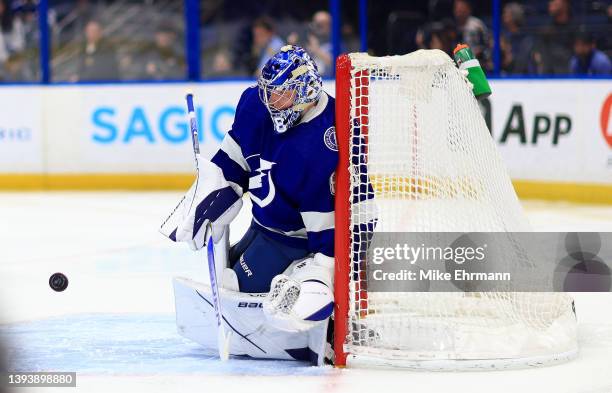 Andrei Vasilevskiy of the Tampa Bay Lightning makes a save in the first period during a game against the Columbus Blue Jackets at Amalie Arena on...