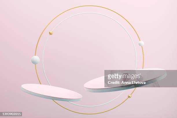two pink levitating podiums with gold and white circle frames on pink background. futuristic 3d illustration for your product demonstration - rose gold imagens e fotografias de stock