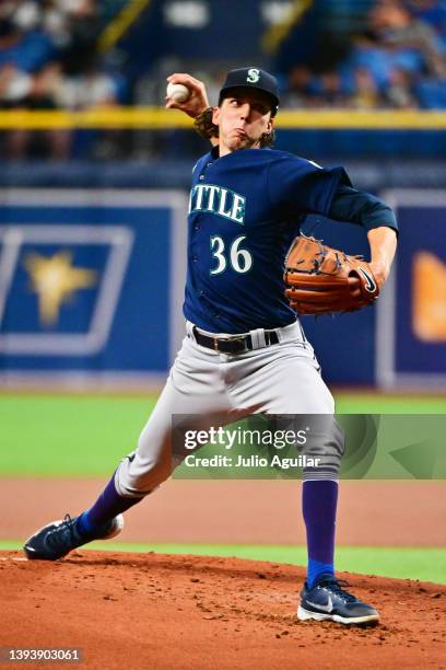 Logan Gilbert of the Seattle Mariners delivers a pitch to the Tampa Bay Rays in the first inning at Tropicana Field on April 26, 2022 in St...