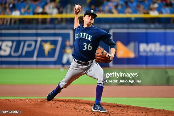 Logan Gilbert of the Seattle Mariners delivers a pitch to the Tampa Bay Rays in the first inning at Tropicana Field on April 26, 2022 in St...
