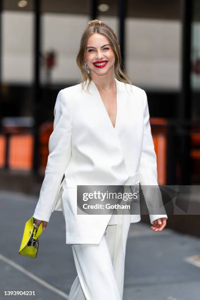 Julianne Hough is seen wearing a Burenina suit with Jimmy Choo shoes and a Jimmy Choo handbag and Agmes jewelry in Midtown on April 26, 2022 in New...