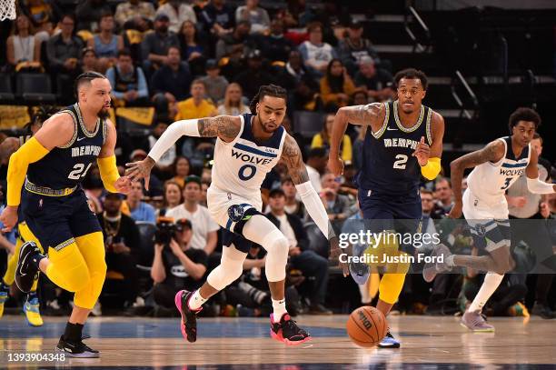 Angelo Russell of the Minnesota Timberwolves brings the ball up court against the Memphis Grizzlies during Game Five of the Western Conference First...