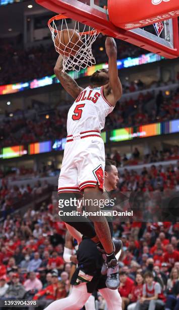 Derrick Jones Jr. #5 of the Chicago Bulls dunks against the Milwaukee Bucks during Game Four of the Eastern Conference First Round Playoffs at the...
