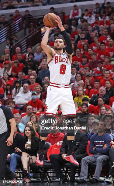 Zach LaVine of the Chicago Bulls shoots against the Milwaukee Bucks during Game Four of the Eastern Conference First Round Playoffs at the United...