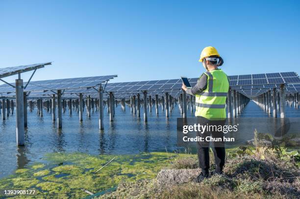 at a seaside solar power plant - marine engineering stock pictures, royalty-free photos & images