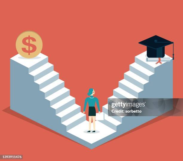 education and money - businesswoman - money decisions stock illustrations