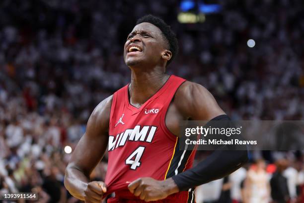 Victor Oladipo of the Miami Heat celebrates after defeating the Atlanta Hawks 97-94 in Game Five of the Eastern Conference First Round to advance at...