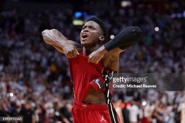 Victor Oladipo of the Miami Heat celebrates after defeating the Atlanta Hawks 97-94 in Game Five of the Eastern Conference First Round to advance at...
