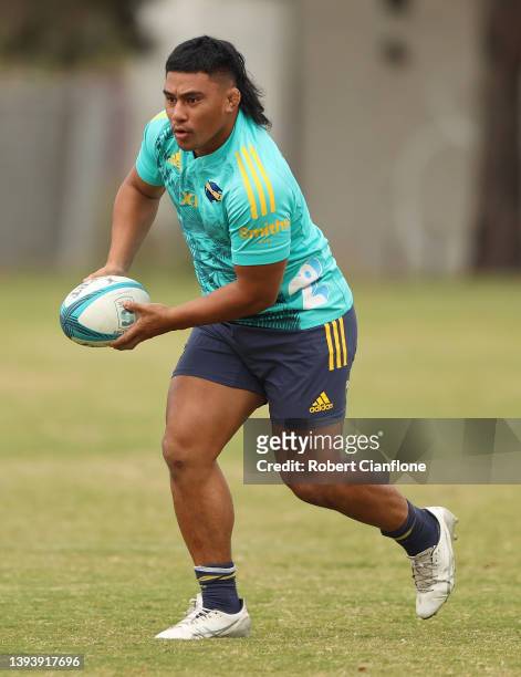 Xavier Numia of the Hurricanes runs with the ball during a Hurricanes Super Rugby training session at Powerhouse Junior Rugby Union Club on April 27,...