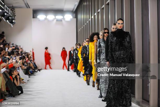 Models walks the runway during the Alfredo Martinez show as part of the Mercedes-Benz Fashion Week Mexico 2022 - Day 2 at Museo Anahualcalli on April...