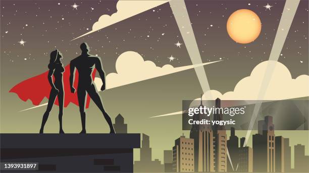 vector art deco superhero couple in a city stock illustration - heroes after dark stock illustrations