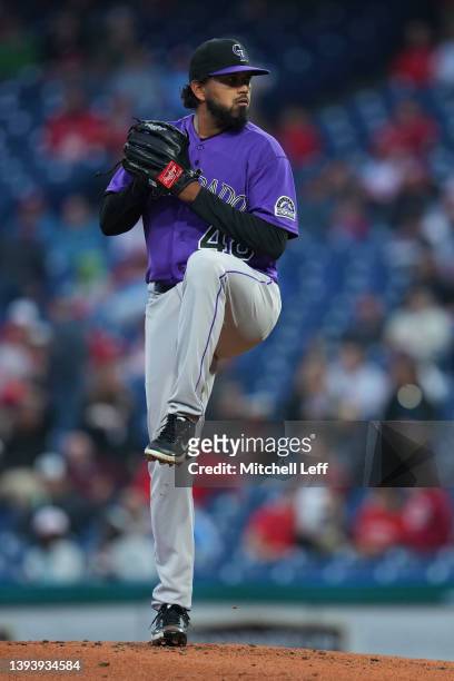 German Marquez of the Colorado Rockies throws a pitch against the Philadelphia Phillies at Citizens Bank Park on April 26, 2022 in Philadelphia,...