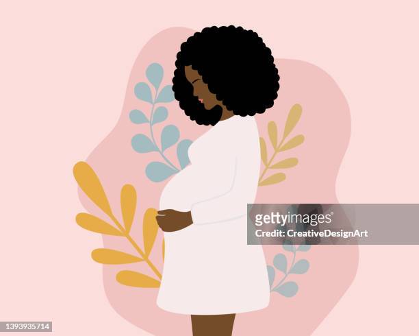 side view of young pregnant african woman with black curly hair holding her belly. pregnancy and motherhood concept with pregnant woman and leaves on pink background - clip art family stock illustrations