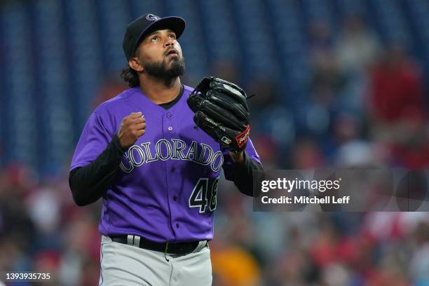 German Marquez of the Colorado Rockies looks on against the Philadelphia Phillies at Citizens Bank Park on April 26, 2022 in Philadelphia,...