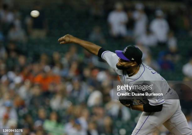 Alex Colome of the Colorado Rockies pitches against the Detroit Tigers during Game Two of a doubleheader at Comerica Park on April 23 in Detroit,...