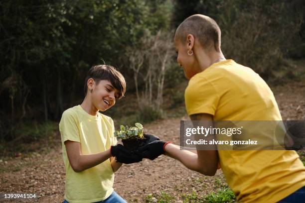 mother and daughter holding a young tree to plant together in nature. - flora gonzalez bildbanksfoton och bilder