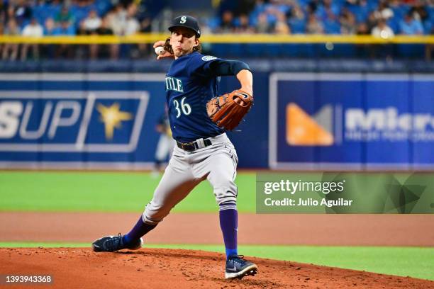 Logan Gilbert of the Seattle Mariners delivers a pitch to the Tampa Bay Rays in the first inning at Tropicana Field on April 26, 2022 in St...