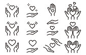 Hand and heart icon set (monochrome)
