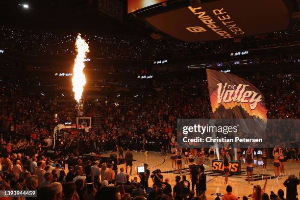 The Phoenix Suns are introduced before Game Five of the Western Conference First Round NBA Playoffs at Footprint Center on April 26, 2022 in Phoenix,...