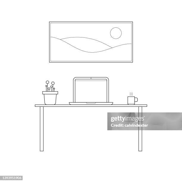 laptop computer on a table editable strokes - picture frame on desk stock illustrations
