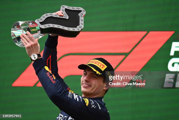 Race winner Max Verstappen of the Netherlands and Oracle Red Bull Racing celebrates on the podium during the F1 Grand Prix of Emilia Romagna at...