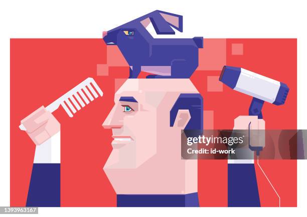 balding man holding comb and hairdryer with rabbit - beautiful hair at home stock illustrations