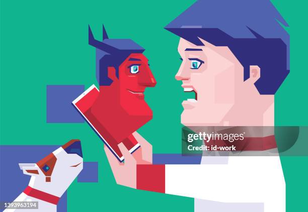 kid meeting evil man via smartphone - digital native stock illustrations