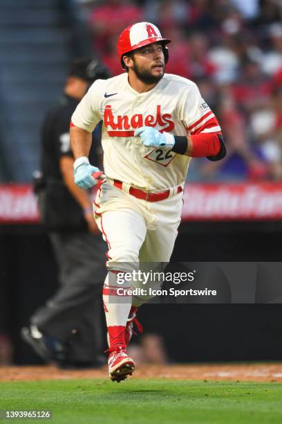 Los Angeles Angels shortstop David Fletcher runs up the first base line during the MLB game between the Arizona Diamondbacks and the Los Angeles...