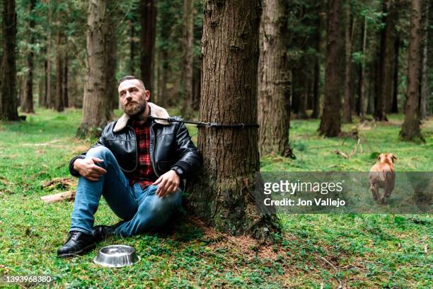 adult man sitting on grass strapped to tree with dog bowl near him in forest while a dog is living - tied up bildbanksfoton och bilder